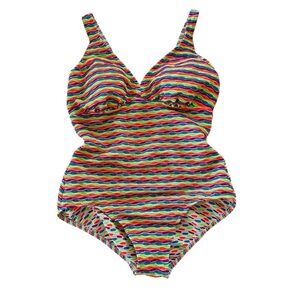 Vintage 90s One Piece Swimsuit Fluorescent Neon Size L/XL Stripes Textured